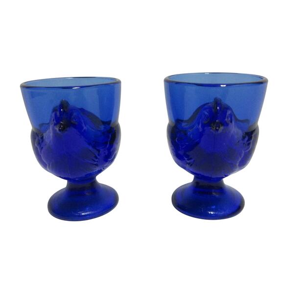 Set Of 2 Vintage Cobalt Blue Glass Chicken Hen Egg Cup Holders 3" Tall - Picture 1 of 5